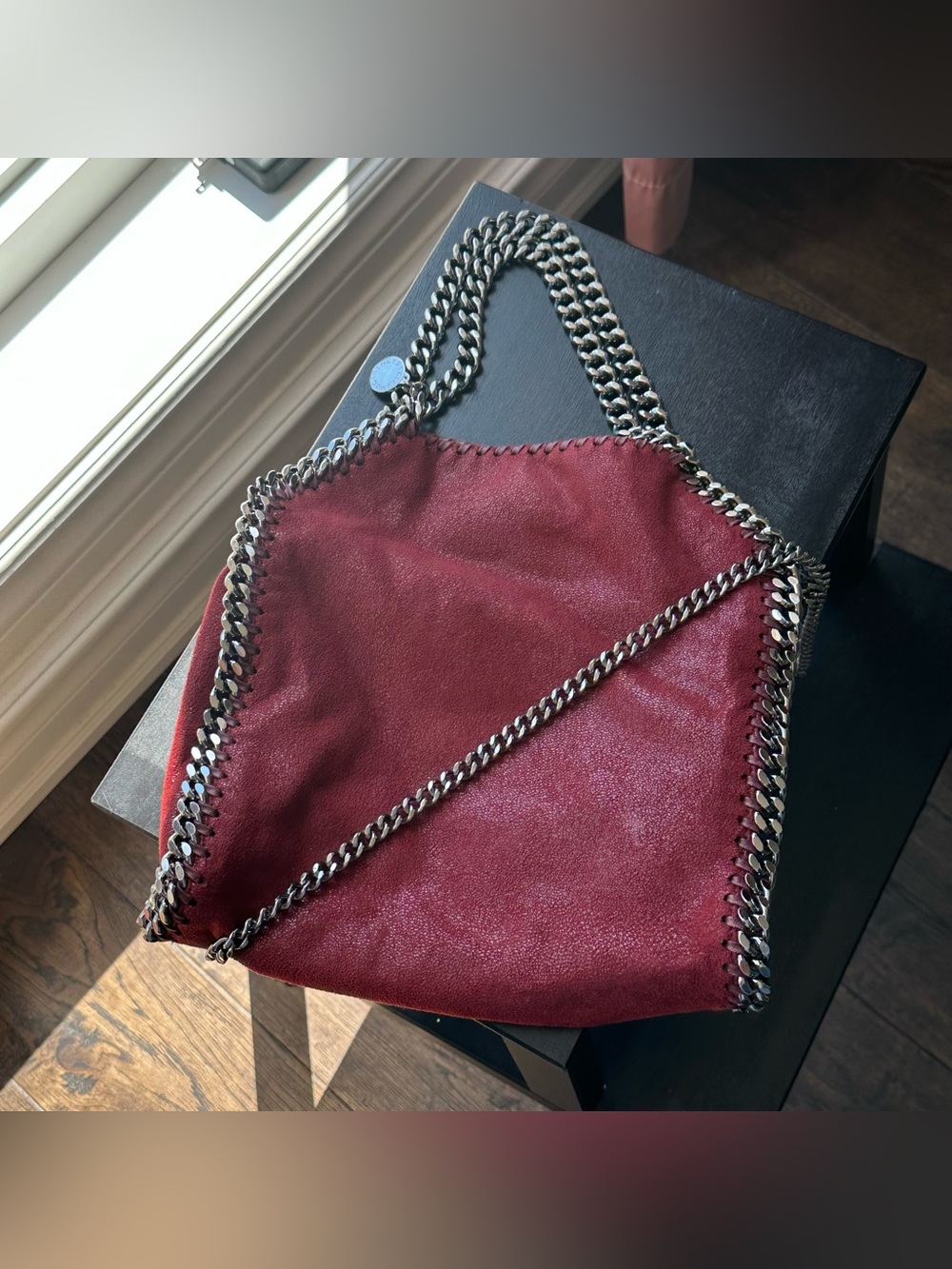 Stella McCartney Red Burgundy Shaggy Deer Mini Falabella Tote Bag